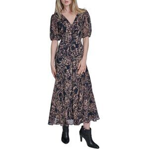 BCBG Women's Short Puff Sleeve Open Back Chiffon A-line Maxi Dress